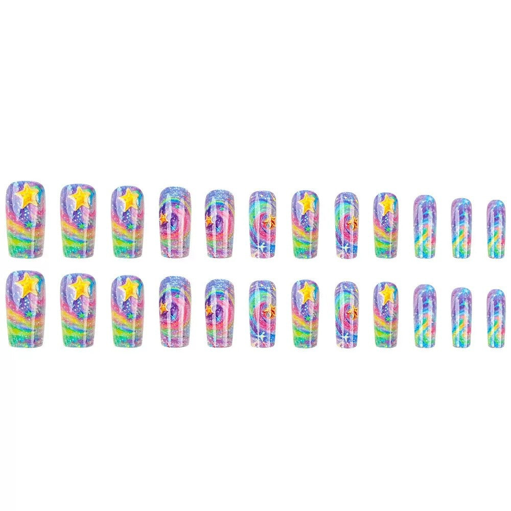 Glittering artificial nail set with colorful spiral design and star accents Bowlift