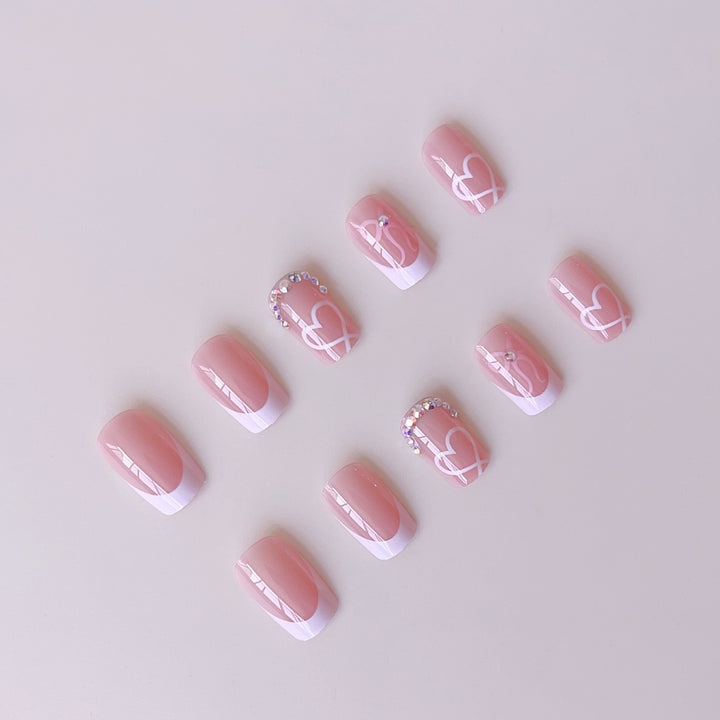 Elegant Nail Art Set with Heart Designs and Rhinestone Details Bowlift