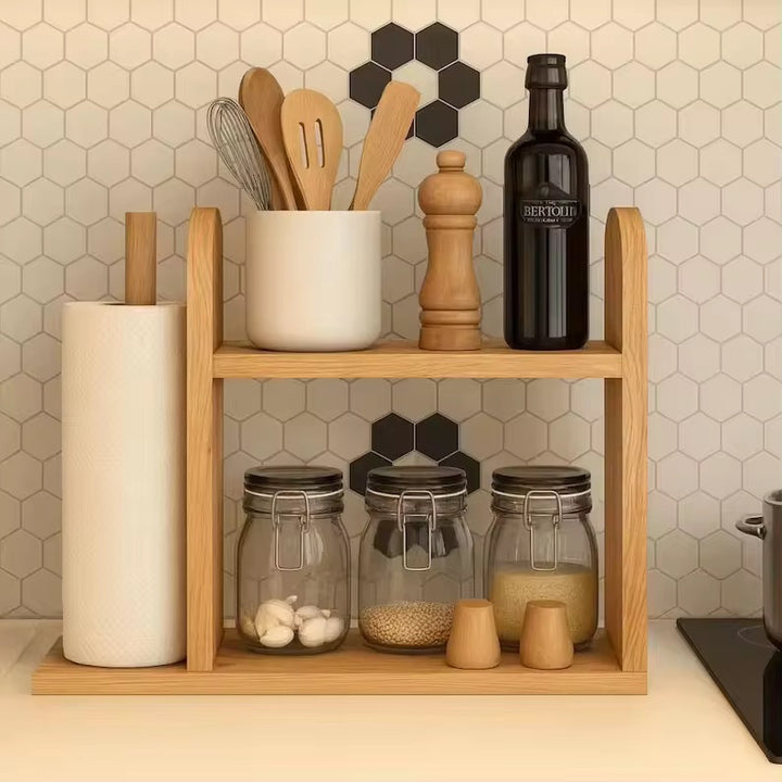 Bamboo double-tier countertop organizer with integrated paper towel holder and spice jar shelf Bowlift