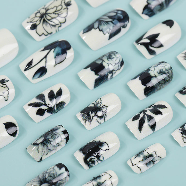 Artificial nails with floral black-and-white design Bowlift