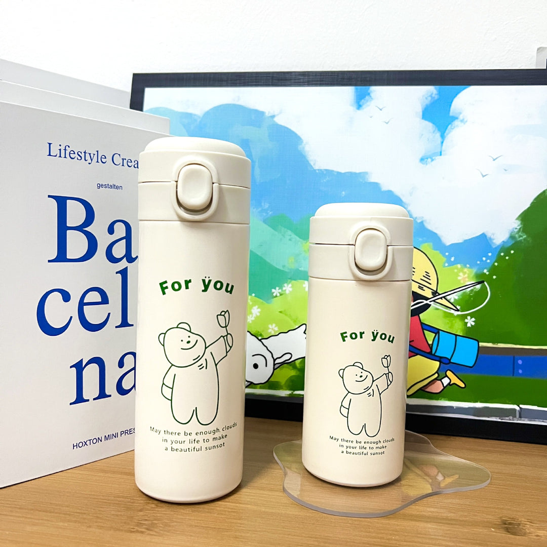Women's Insulated Water Bottle with Cute Animal Design and Practical Flip Lid Bowlift
