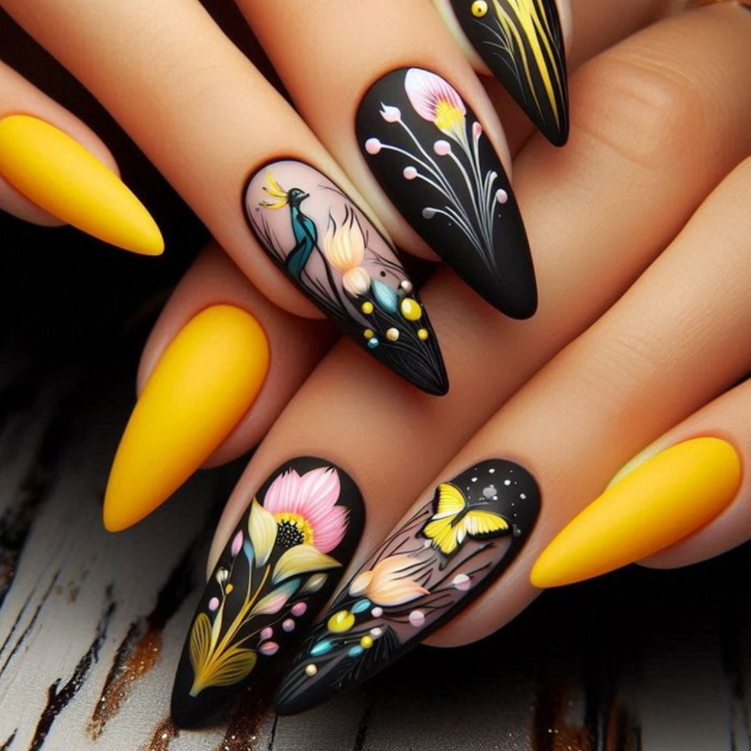 Artistic Floral Design Stiletto Nail Art Extensions Bowlift
