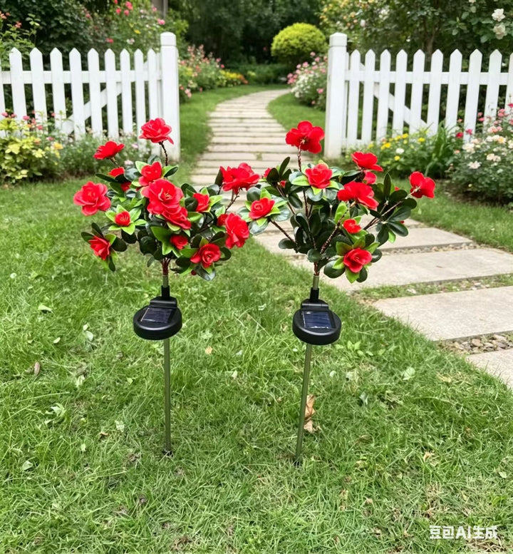 Solar-Powered Realistic Camellia Floral Garden Stake Lights With Adjustable LED Heads And Stainless Steel Spike Bowlift