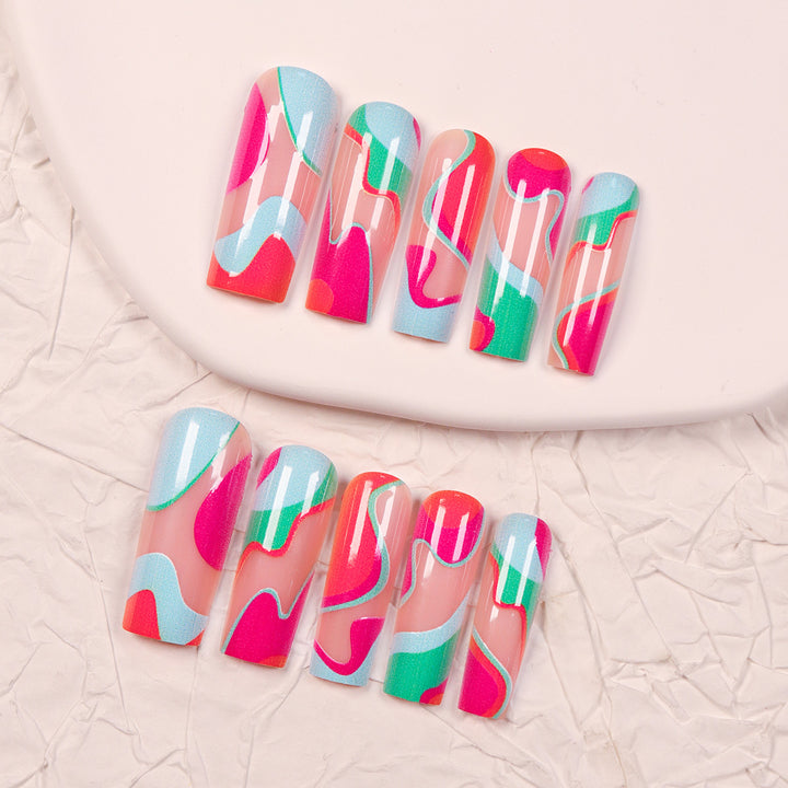 Artistic Long Press-On Nails with Colorful Abstract Design Bowlift