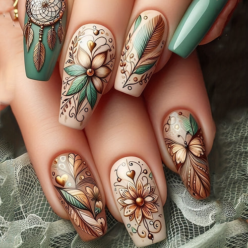 Creative artificial nails with floral and dreamcatcher design elements Bowlift