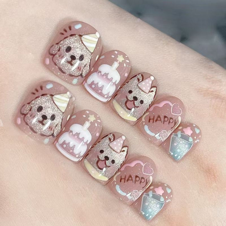Artistic Press-On Nail Set with Floral and Glossy Accents Bowlift