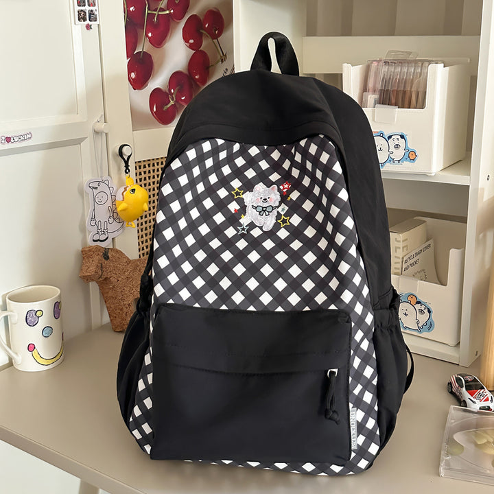 Cute Checked Backpack with Embroidered Accents