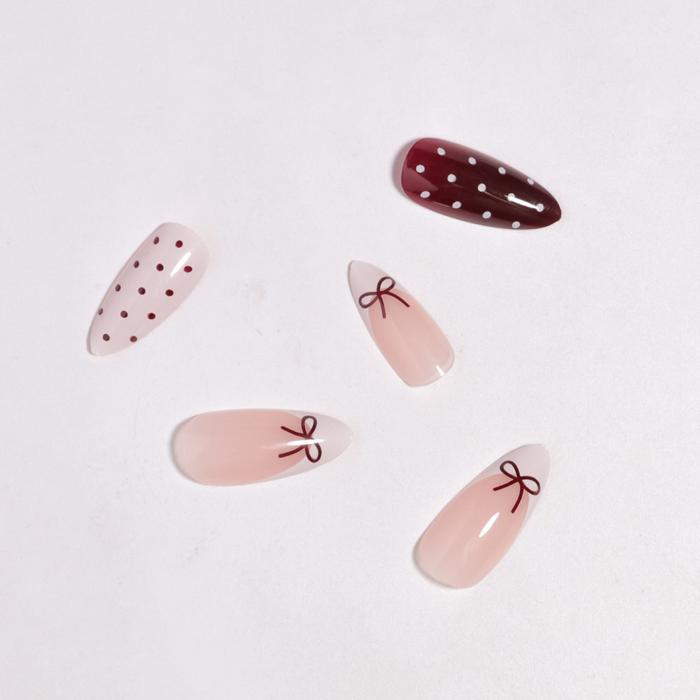Artistic Press-On Nail Set with Bow and Dot Design Bowlift