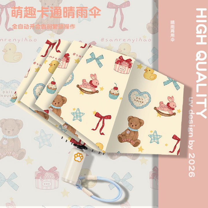Women's folding umbrella with automatic opening mechanism and playfully themed design Bowlift
