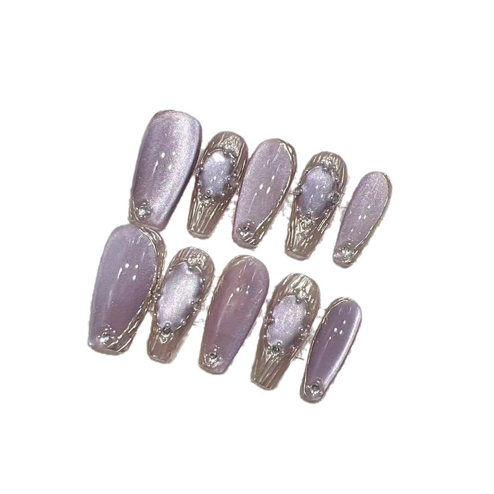 Elegant Press-On Nail Set with Artistic Metallic Design Bowlift