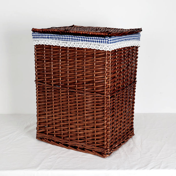 Ladies laundry basket with decorative fabric trim and practical lid Bowlift