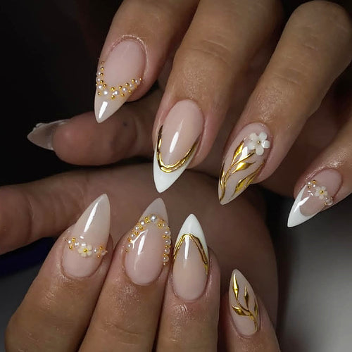 Elegant Decorative Press-On Nail Set with Floral Accents Bowlift