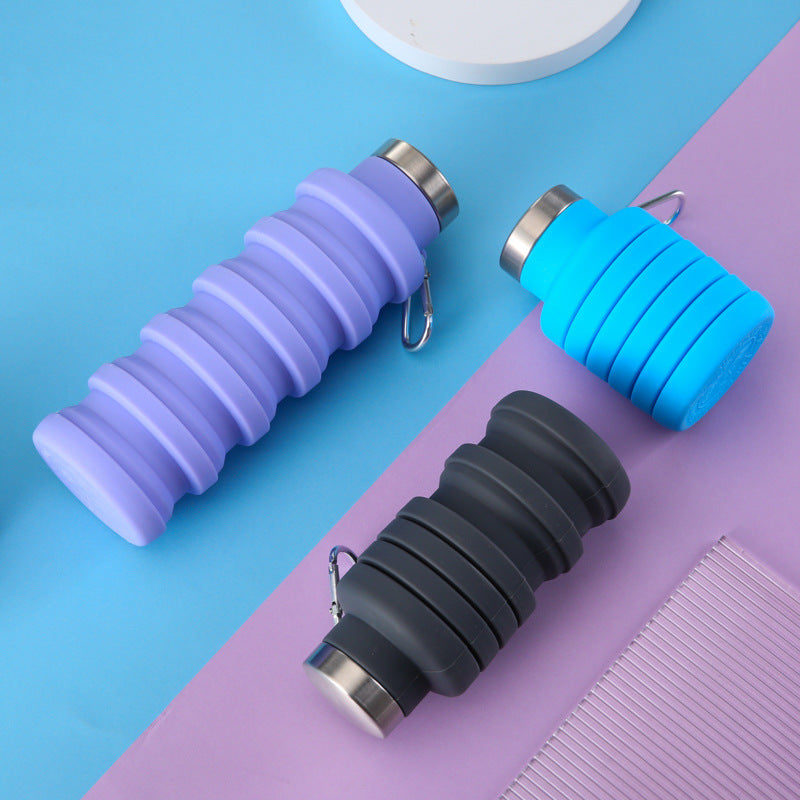 Collapsible Silicone Travel Water Bottle with Stainless Steel Cap and Carabiner Bowlift
