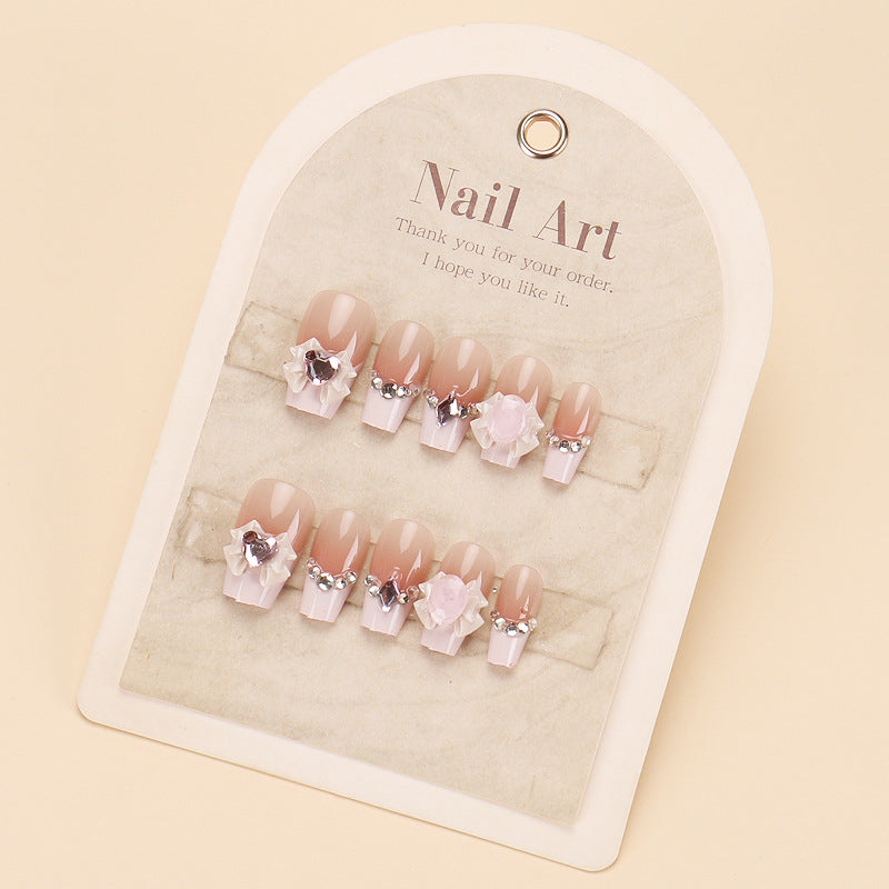 Glamorous Press-On Nail Set with Rhinestone and Glossy Finish Bowlift
