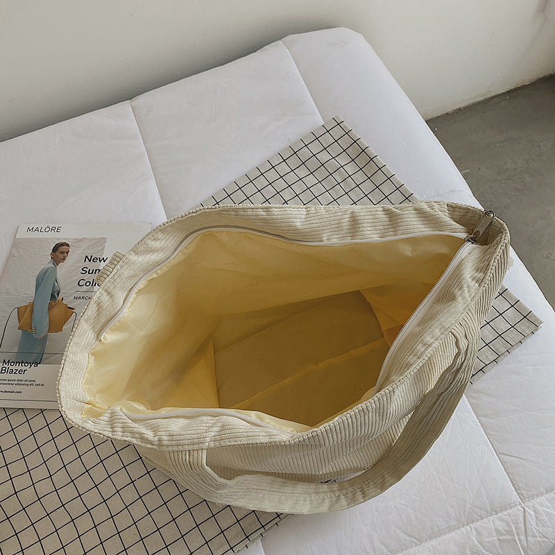 Functional Corduroy Tote Bag with Plush Charm