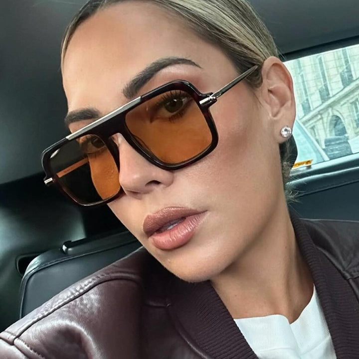 Women's square designer sunglasses with gold accents and protective UV filter Bowlift
