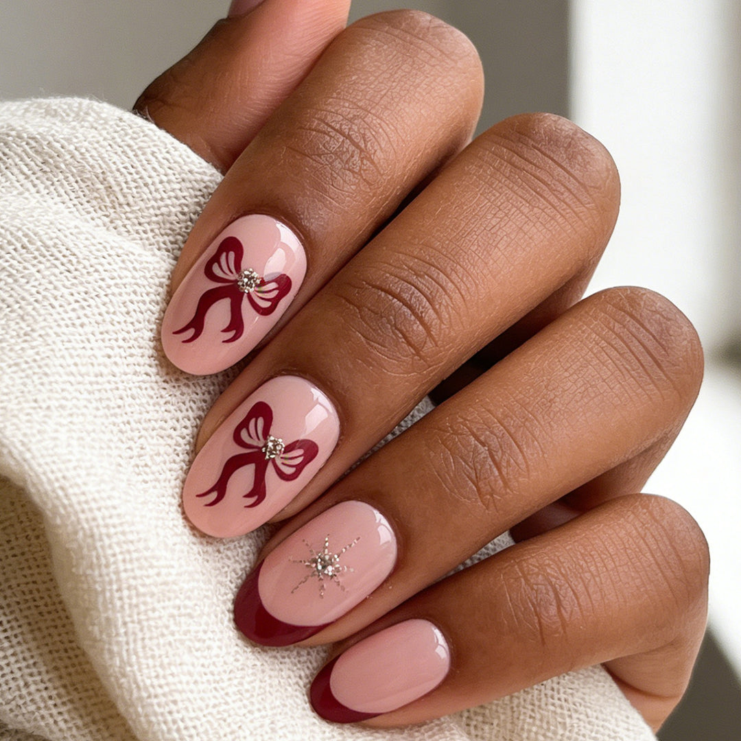 Decorative Press-On Nail Set with Bow and Gem Accents Bowlift