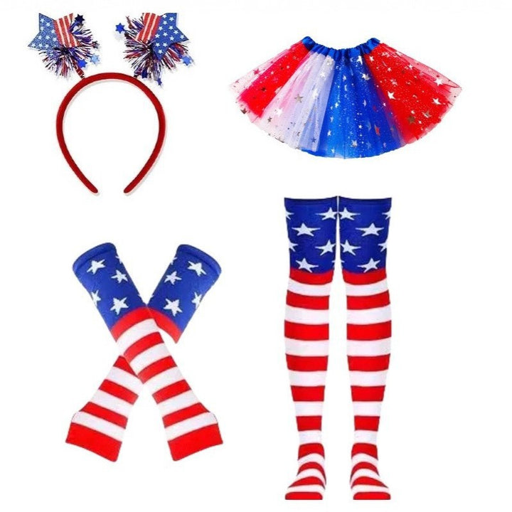 Women's patriotic carnival costume set with layered tulle skirt elastic waistband bow hairband thigh-high stockings and arm warmers Bowlift