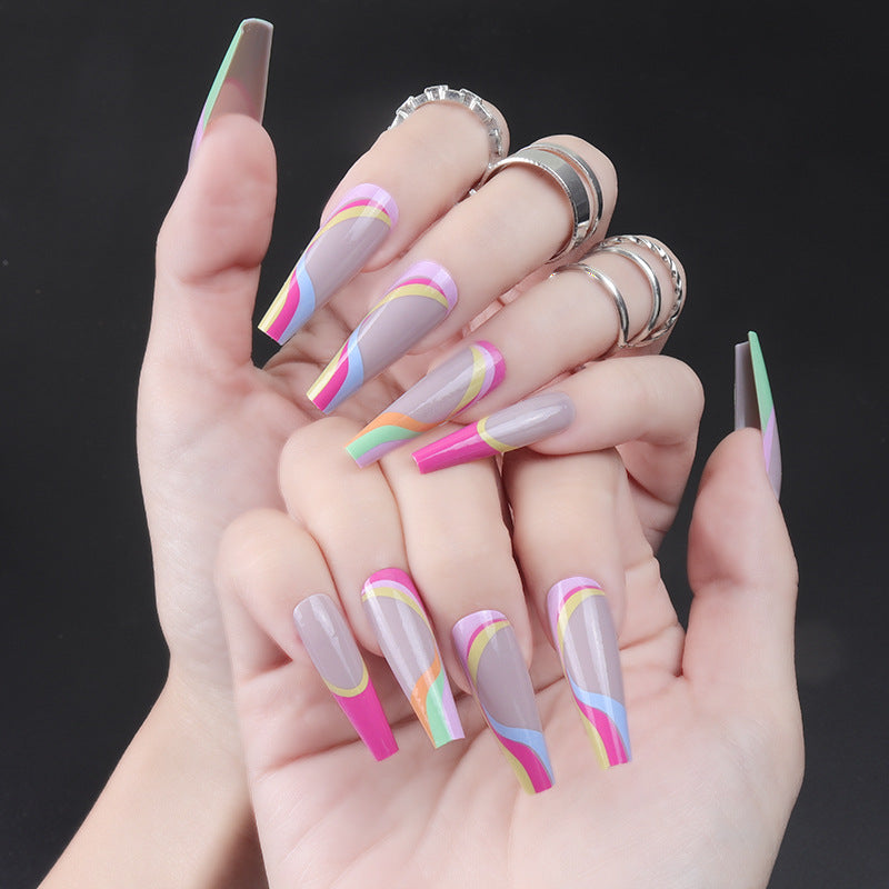 Artistic Long Stiletto Press-On Nails with Colorful Patterns Bowlift