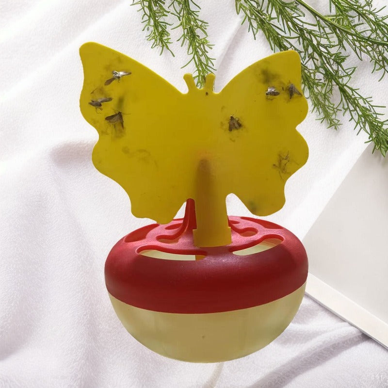 Butterfly-shaped sticky insect trap with refillable liquid reservoir and reusable base Bowlift