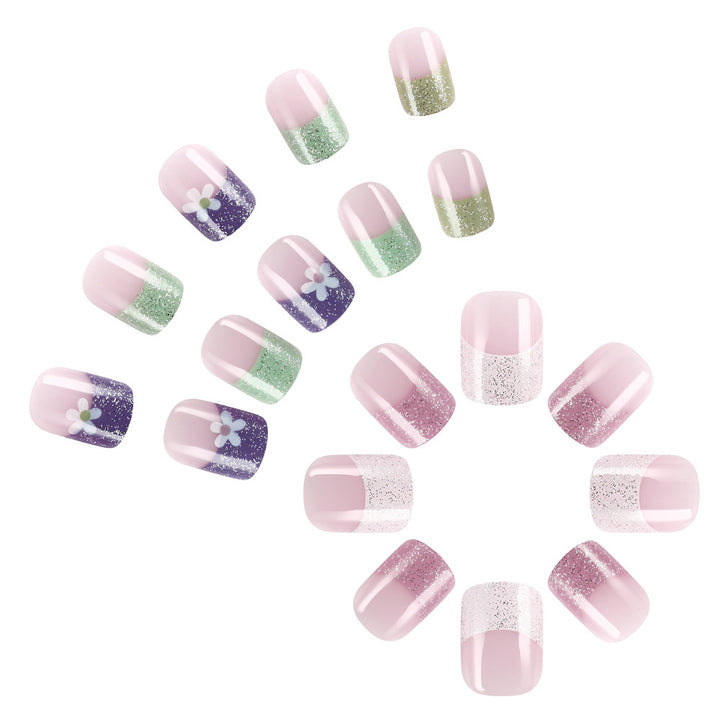 Glittery Pastel Floral Press-On Nails Bowlift