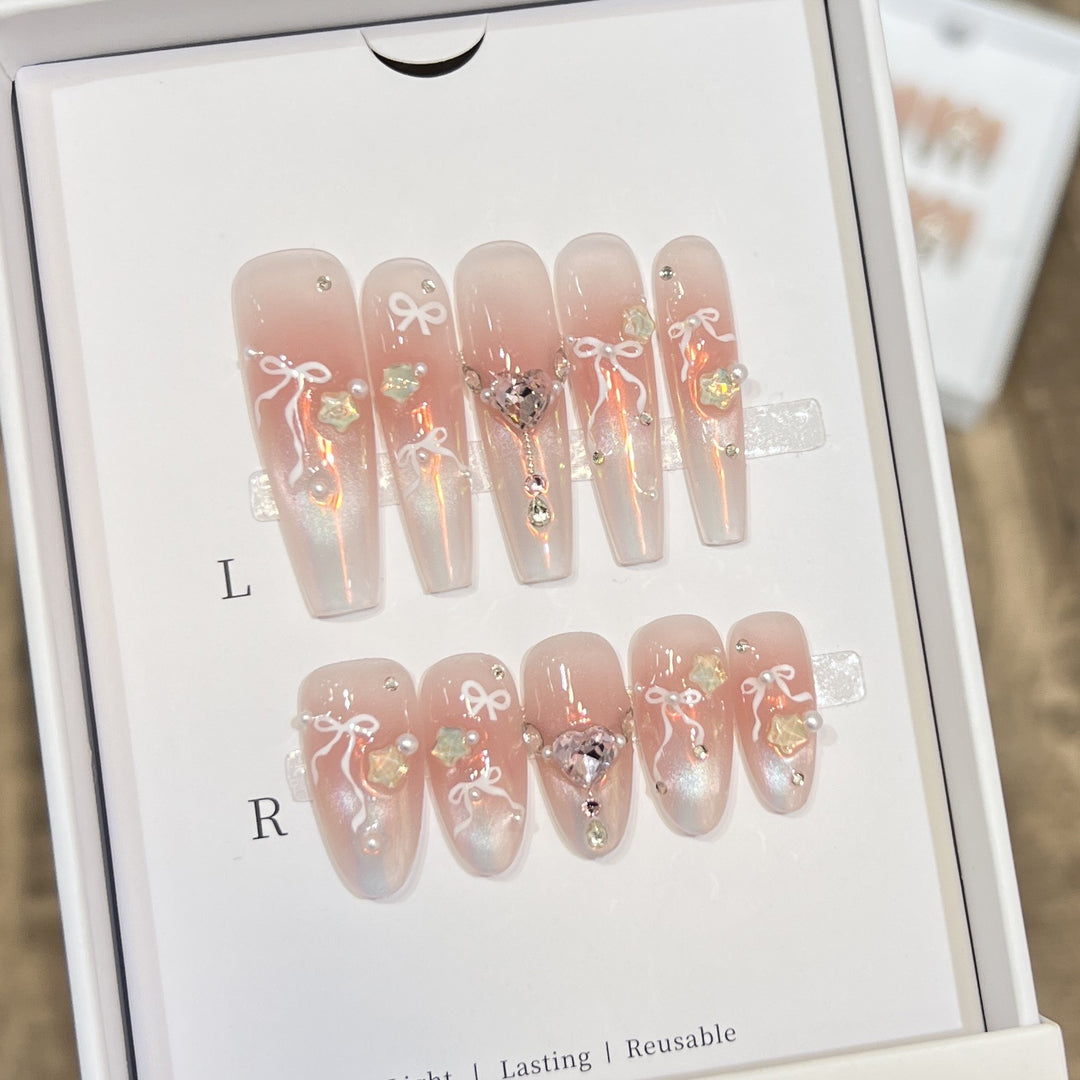Elegant Press-On Nail Art Set with Chic Ribbon and Gem Accents Bowlift