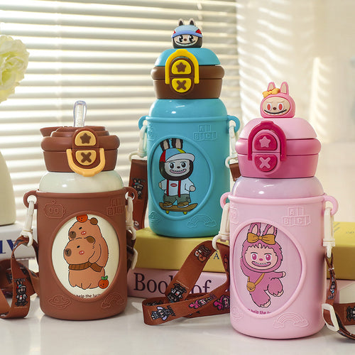 Women's insulated children's water bottle with ergonomic carrying system and fun animal design Bowlift
