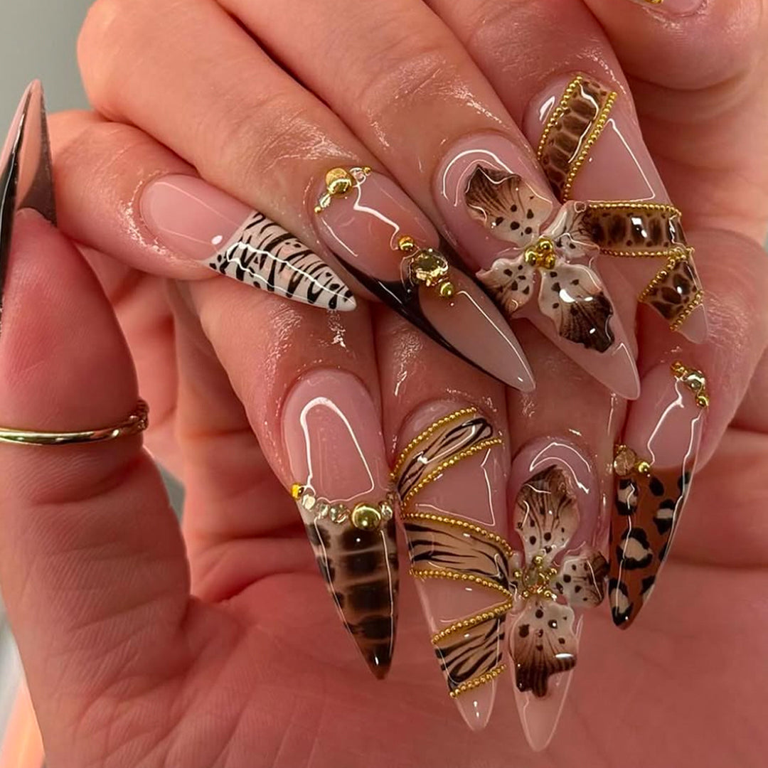 Artificial Stiletto Artificial Nails with Glamorous Animal Designs Bowlift