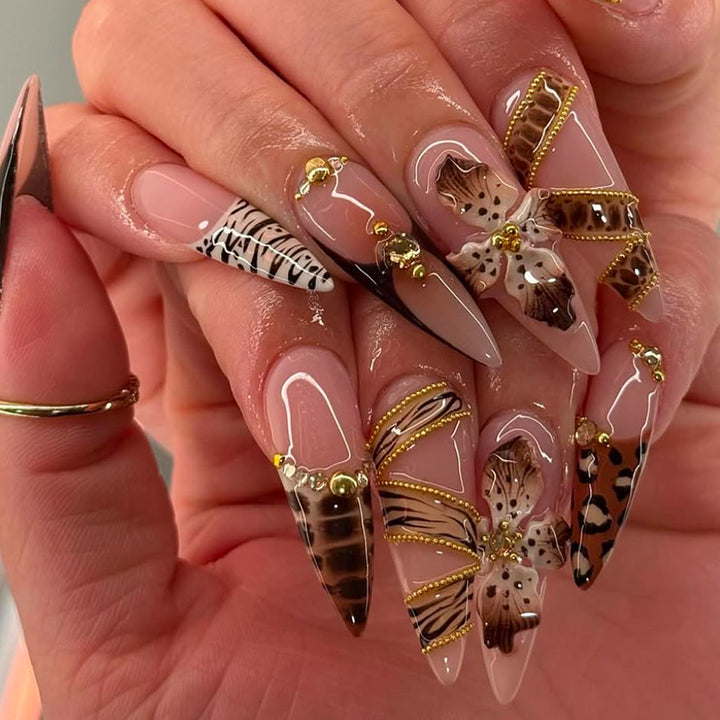 Artificial Stiletto Artificial Nails with Glamorous Animal Designs Bowlift