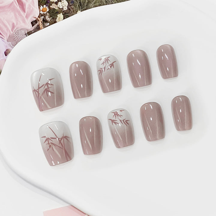 Artistic Press-On Nails with Bamboo Design Bowlift