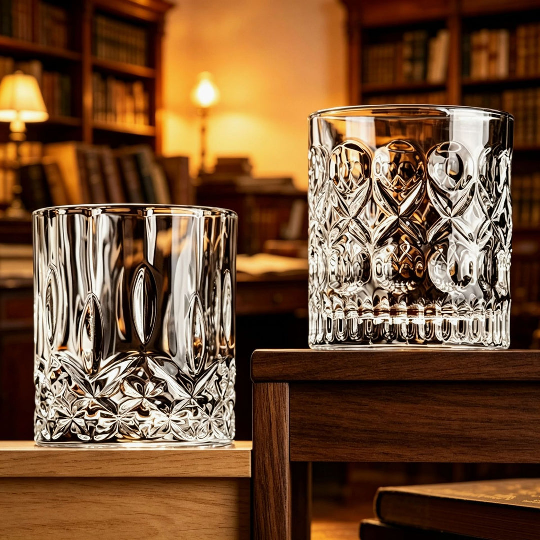 Embossed Vintage Cut Crystal-Style Whiskey Tumbler Glass Bowlift