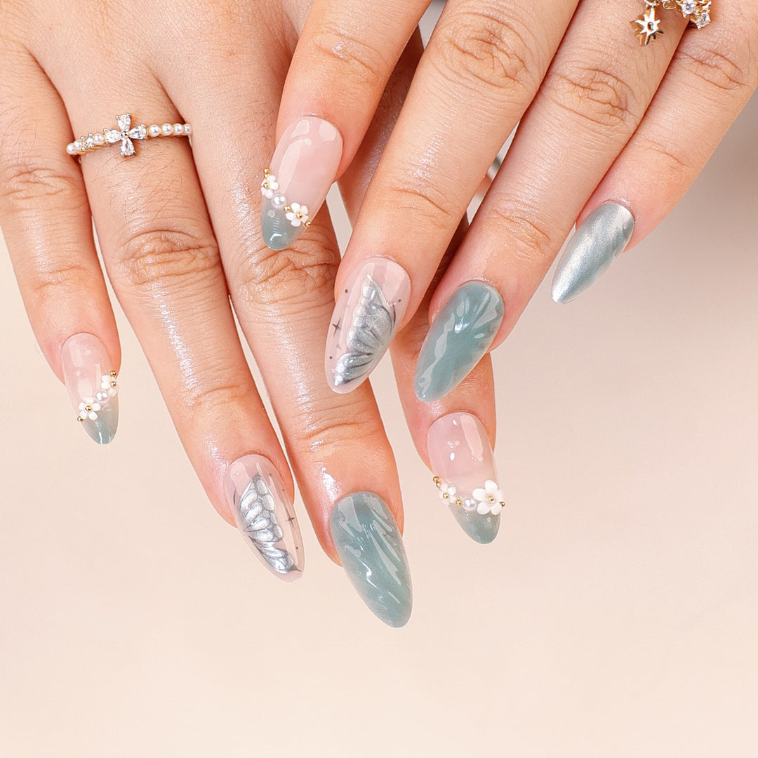 Artful stiletto nails with floral and decorative design Bowlift