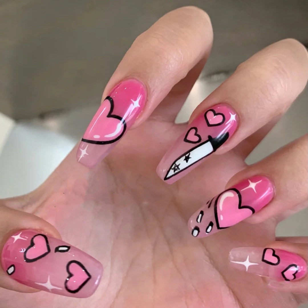 Artful stiletto nails with romantic heart design Bowlift