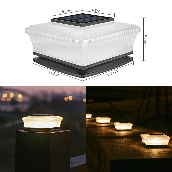 Low-Profile Solar-Powered Square Deck And Fence Post Cap Light With Frosted Diffuser And Integrated Solar Panel Bowlift