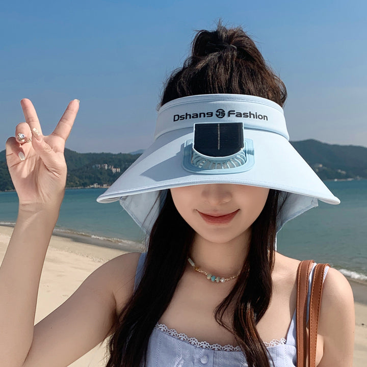 Visor with removable solar clip fan and UV protection neck strap Bowlift