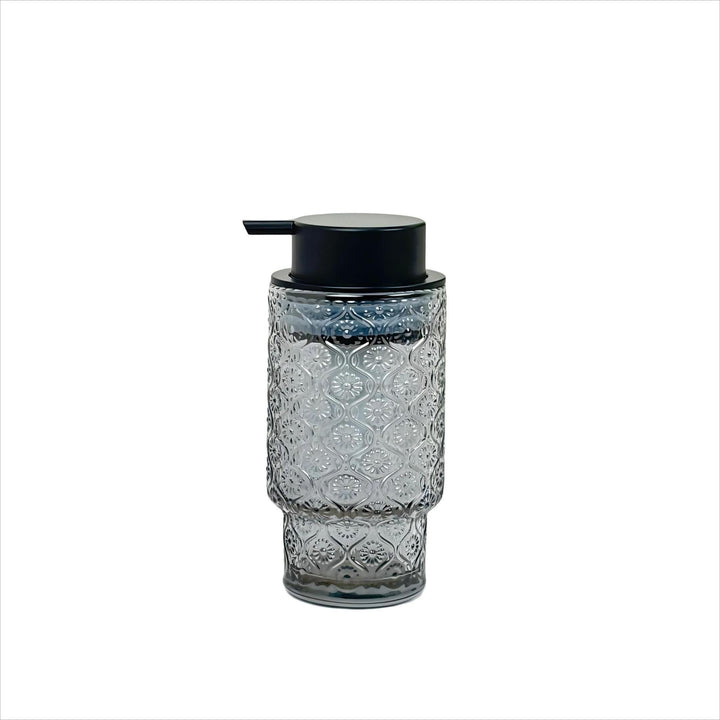 Embossed vintage glass vanity organizer set with pump dispenser and toothbrush cup Bowlift