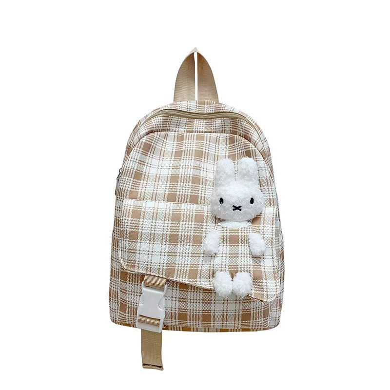 Backpack with Playful Checkered Pattern and Cute Plush Pendant Bowlift