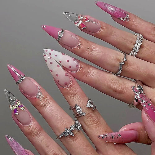 Decorative Press-On Nail Art Set with Glitter and Rhinestone Accents Bowlift