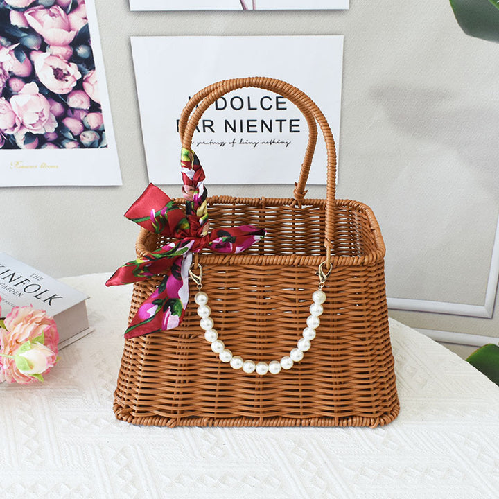 Chic Woven Handbag with Pearl Accent Bowlift