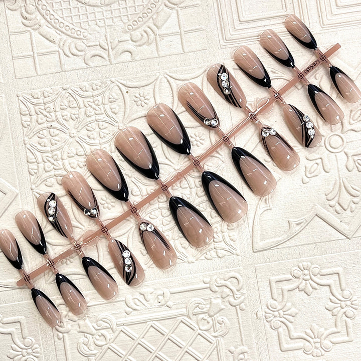 Elegant Press-On Nail Design with Rhinestone Accents Bowlift
