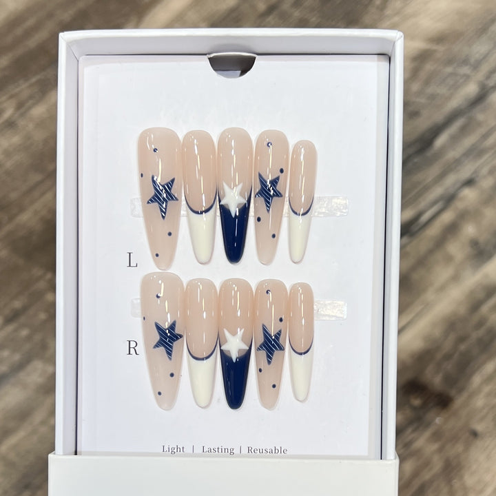 Artistic Stiletto Press-On Nail Set with Celestial Design Bowlift