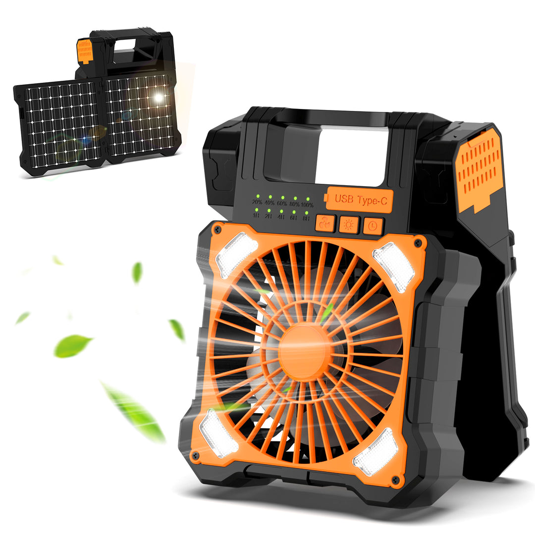 Cooling portable solar camping fan with USB-C power bank and integrated LED work light Bowlift