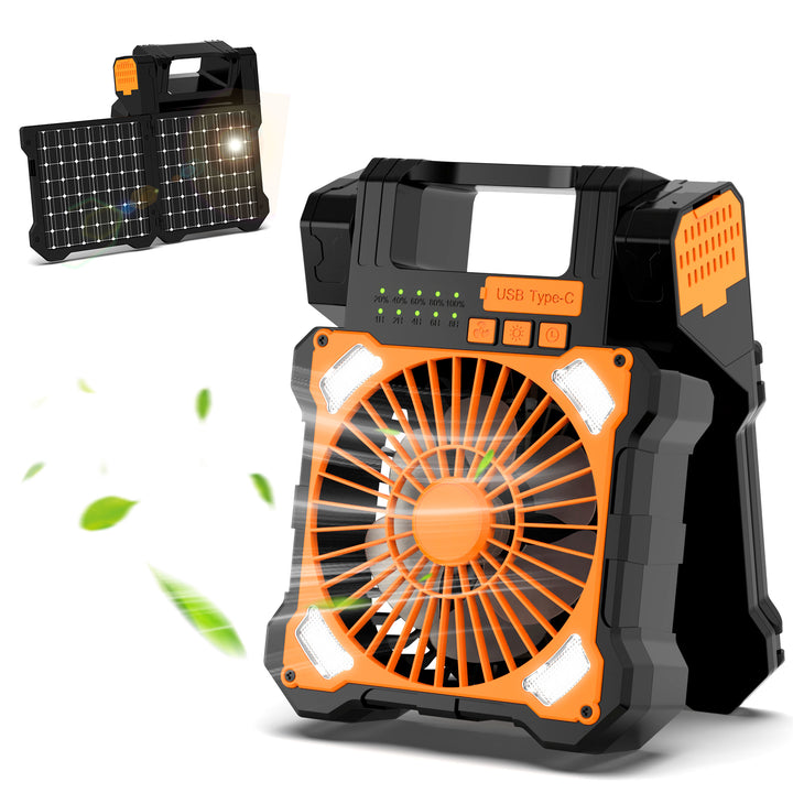 Cooling portable solar camping fan with USB-C power bank and integrated LED work light Bowlift