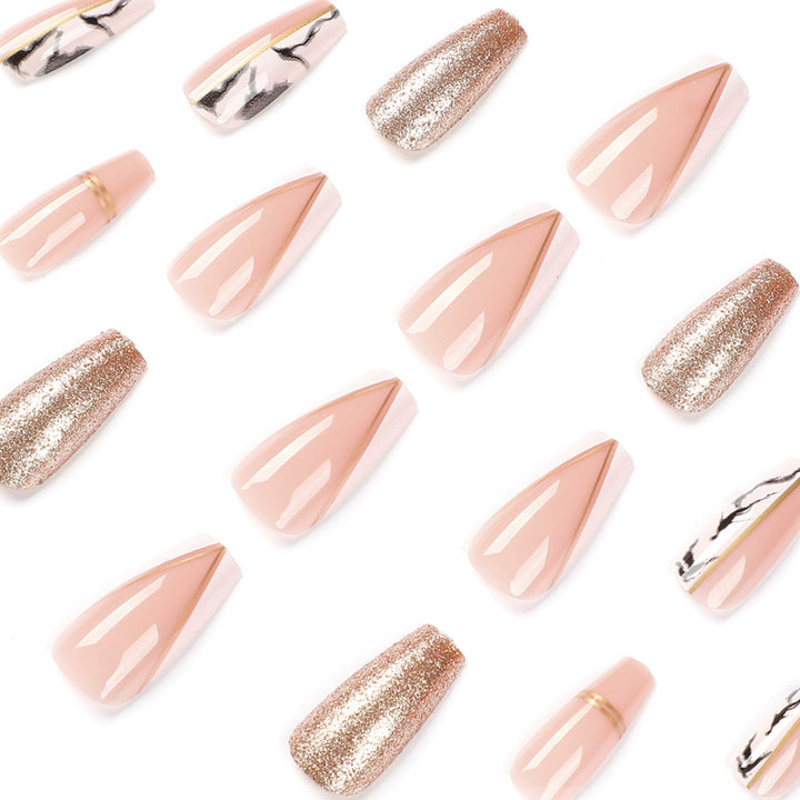 Exquisite artificial nails with elegant glitter and marble pattern Bowlift
