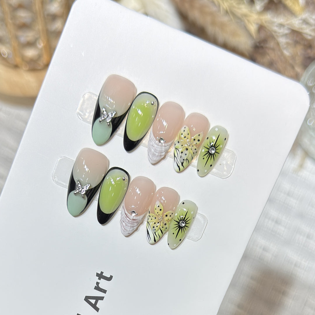 Artistic Press-On Nail Set with Butterfly and Floral Designs Bowlift