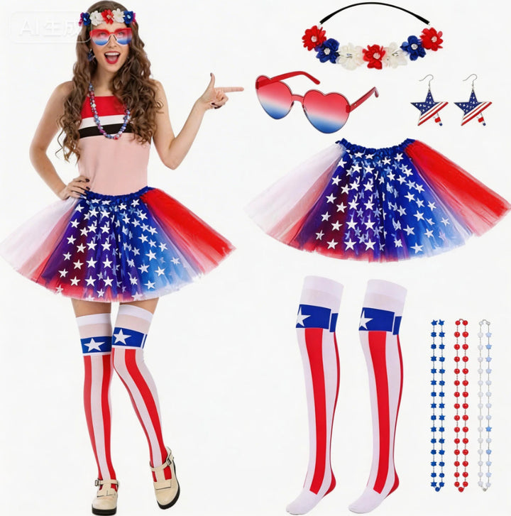 Women's Independence Day tulle tutu skirt with oversized bow headband over-the-knee star-striped stockings and matching arm sleeves Bowlift