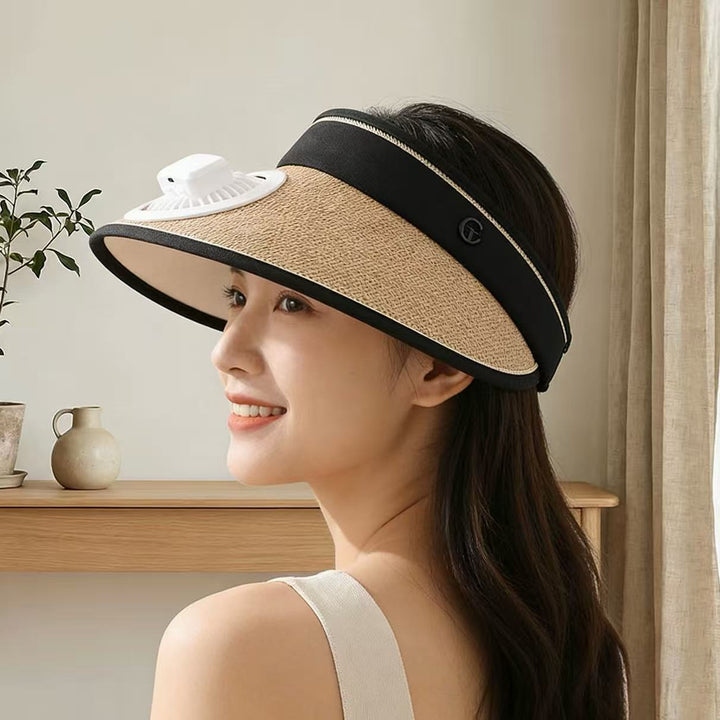 Air-cooled straw hat with detachable battery fan and elastic headband Bowlift