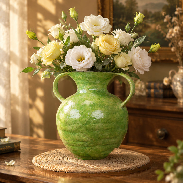 Handcrafted Glazed Ceramic Double-Handled Decorative Vase Bowlift