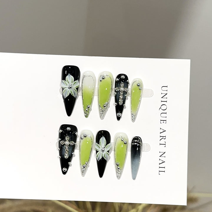 Artistic Floral and Gemstone Press-On Nail Set