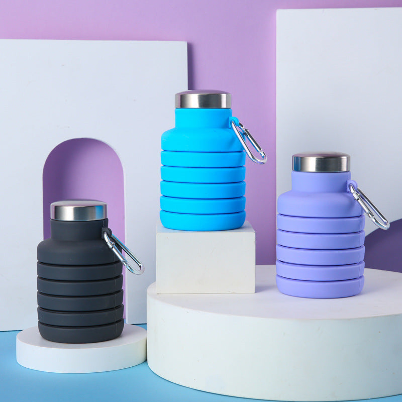 Collapsible Silicone Travel Water Bottle with Stainless Steel Cap and Carabiner Bowlift